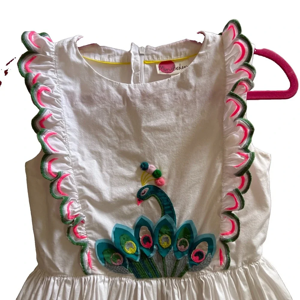 Mini Boden Peacock Appliqué Embroidery Pinnie Dress Size 11-12y